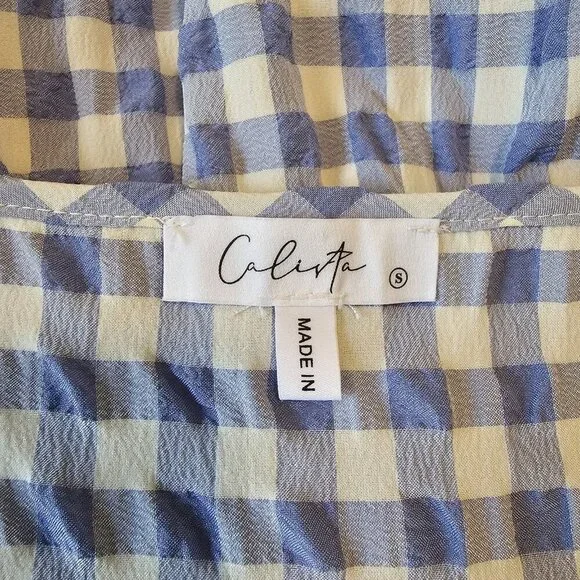 Calista Tiered Gingham Checked Midi Dress w/Pockets Blue Cottagecore Modest S - Picture 7 of 12